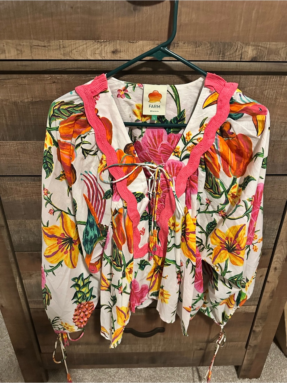 FARM Rio Tropical Floral Tie-Front Blouse in White, Pink, Yellow, Green